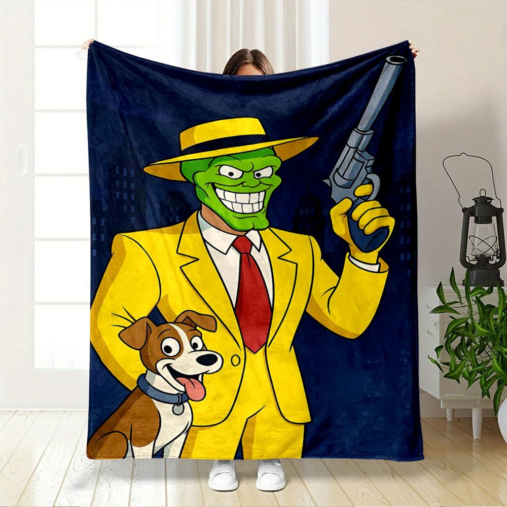 Bright yellow suit, green mask, red tie, holding a revolver with a dog. for all seasons blanket lunch break throw gift