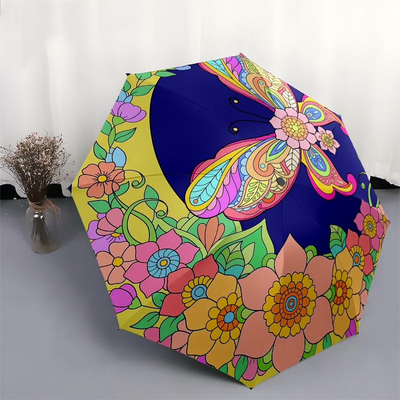 1pc Butterfly Flowers Mandala Artwork Umbrella with Plastic Handle,Vibrant Cartoon Pattern,Multi-functional UmbrellaPT059