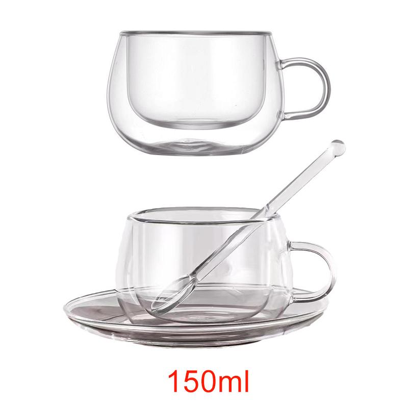 150/300ml Double Wall Glass Coffee Cup with Saucers and Spoon Heat Resistant Espresso Cups With Handle Mug Drinkware Milk Teacup
