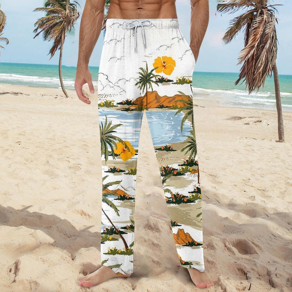 Мужские мягкие домашние пижамные штаны с гавайским принтом, повседневные спортивные штаны с завязками