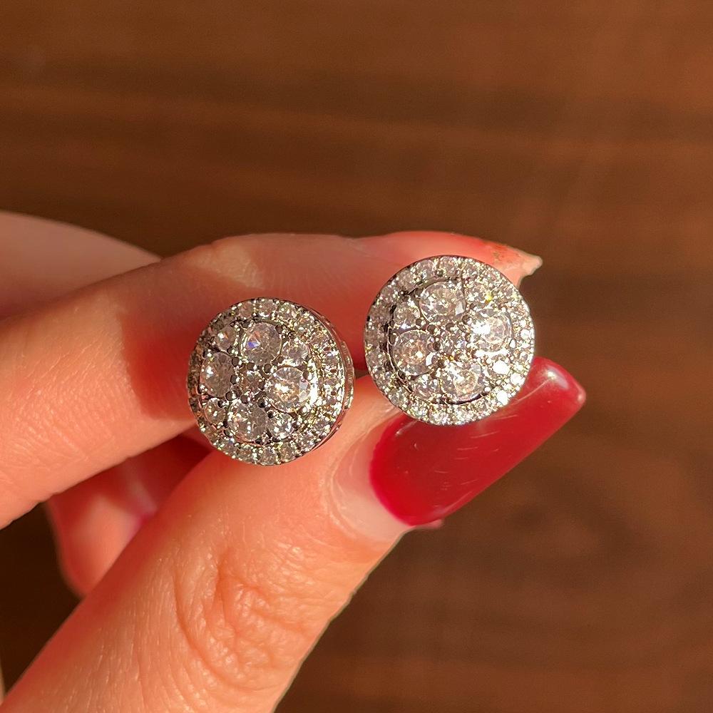 Light Luxury Round White Zircon Stud Earrings, European and American Fashion Versatile Simple Bright Diamond Earrings Women