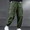 Men Winter Cargo Pants Elastic Waist Drawstring Multi Pockets Jogger Trousers Solid Color Thick Fleece Lining Outdoor Cargo Trousers