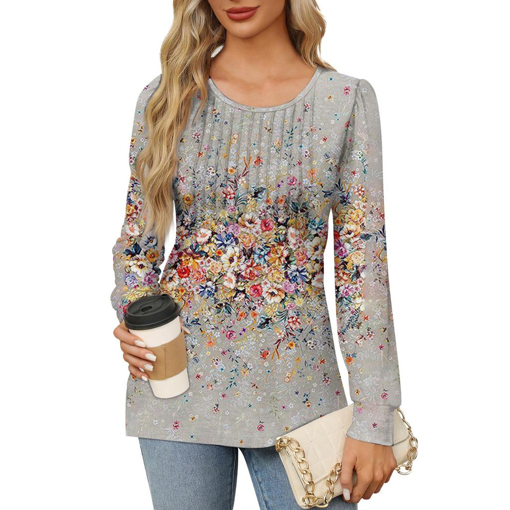 Women's Casual Top Gradient Printed Round Neck Long Sleeved Pleated T-shirt