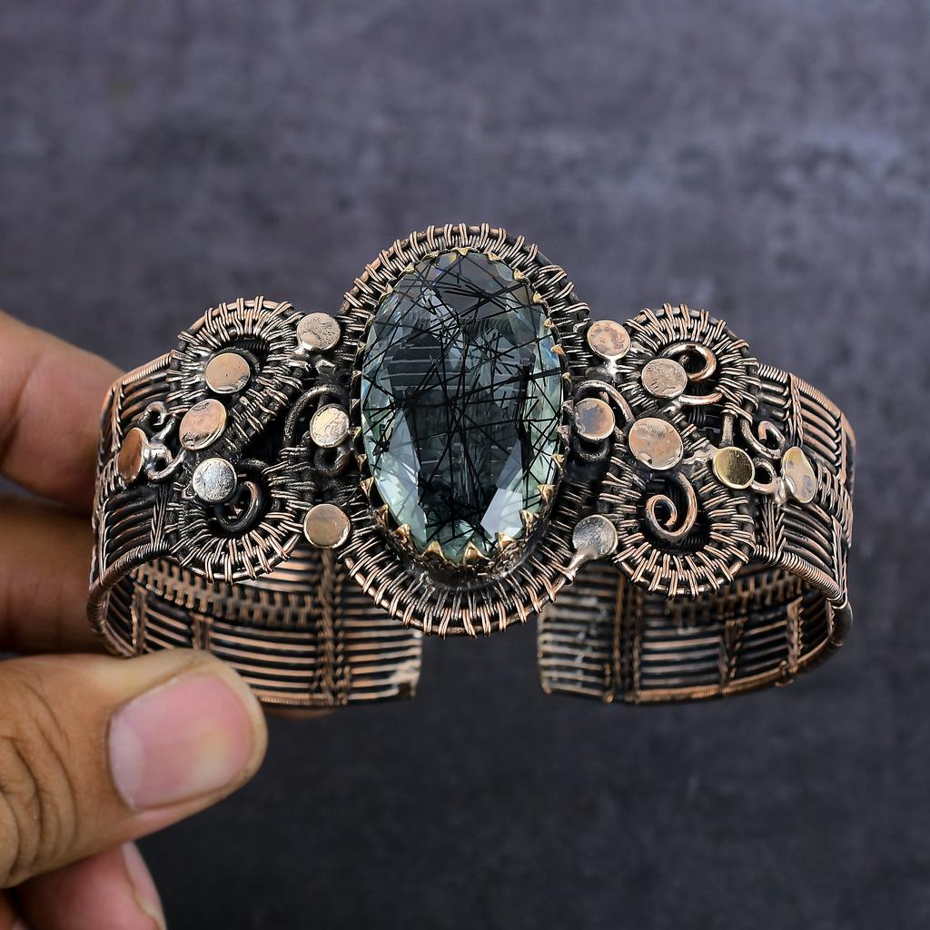 Браслет-манжета из натурального черного рутилового драгоценного камня с медной проволокой, регулируемый K3P57