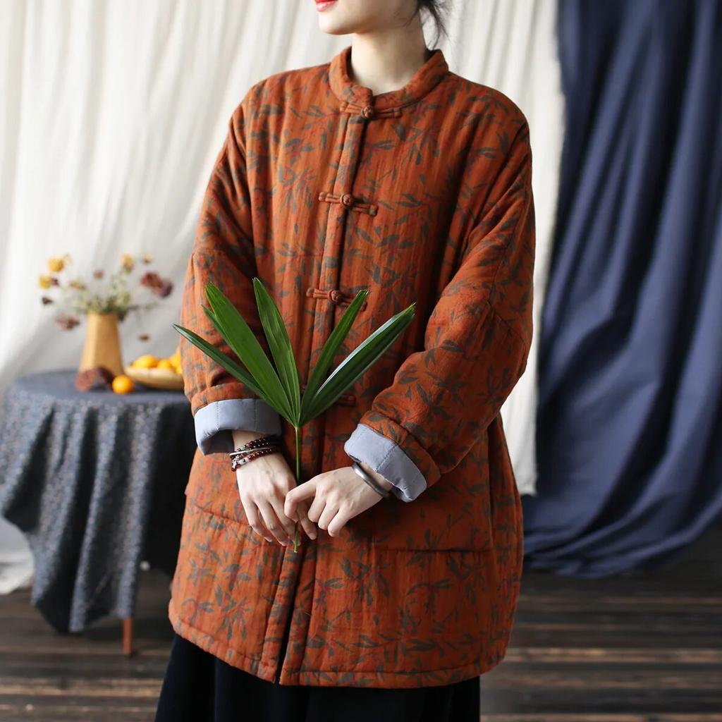 Women Vintage Winter Parkas Stand Warm Plus Cotton Coats Print Floral Patchwork Pockets Button Chinese Style Parkas