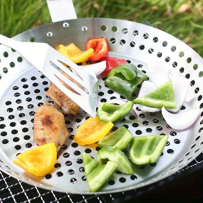 Stainless Steel BBQ Grill Pan , Round Perforated Grilling Basket with Handle, Outdoor Grill Topper for Vegetables, Meat, Pizza