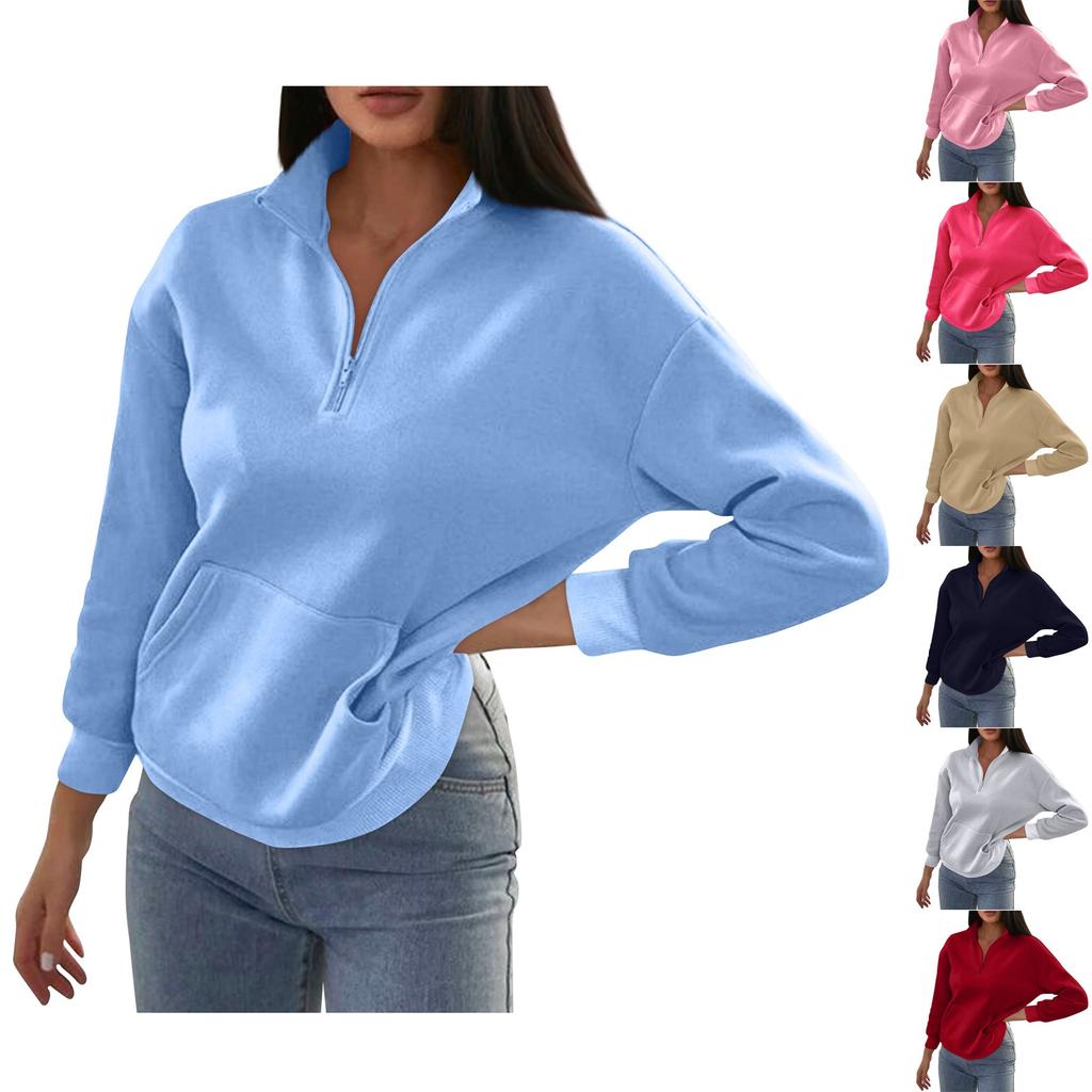 Women's Fashion Autumn And Winter Solid Colour Zipper Pocket Standing Collar Casual Sweatshirt