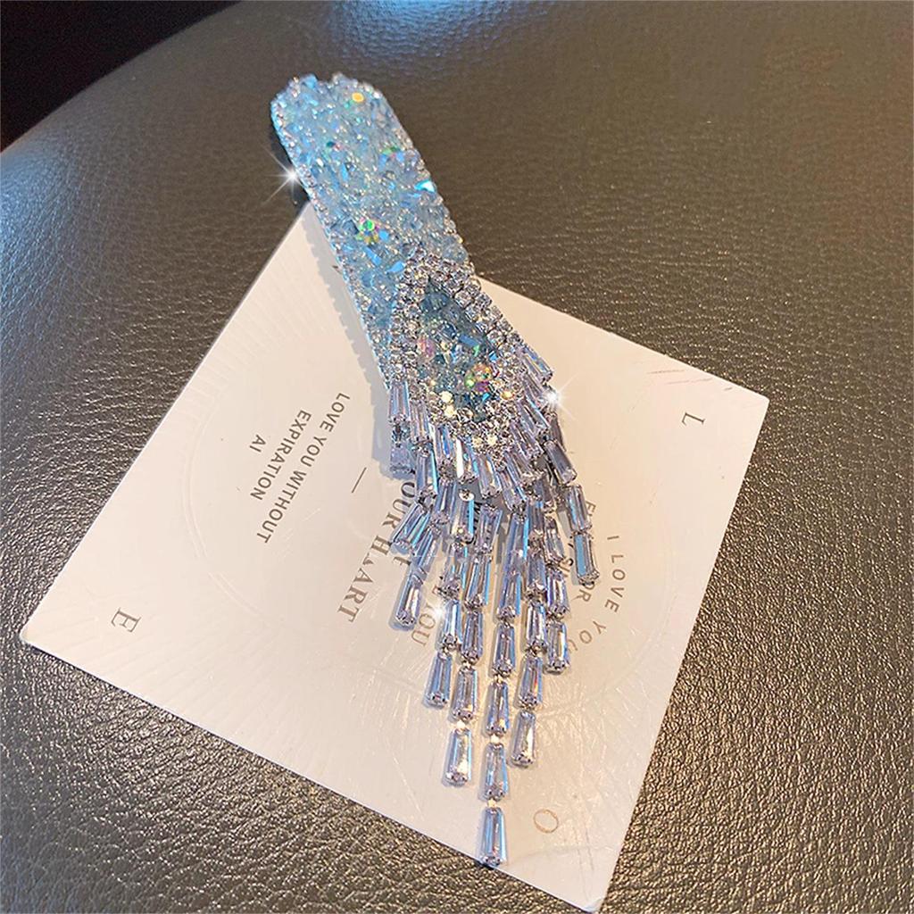 Blue Gem Healing Rhinestone Pearl Ethnic Tassel Hair Clip for Women