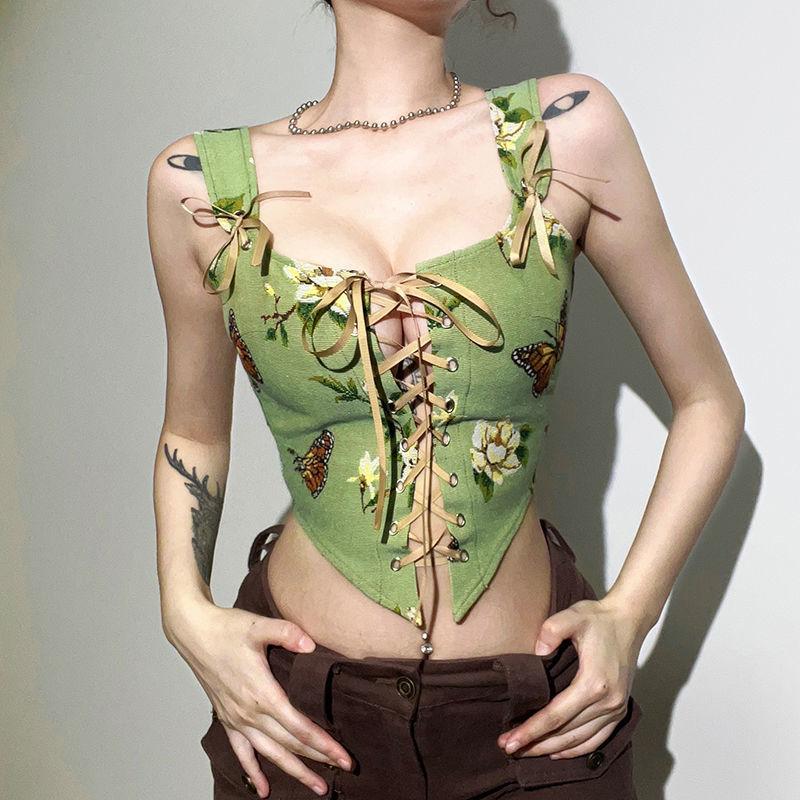 Retro Sexy Strapping Slim Women's Tank Top Small Chic Hot Girls Wear Corset Tank Top with A Design Sense of Ultra-short Hollow Suspender