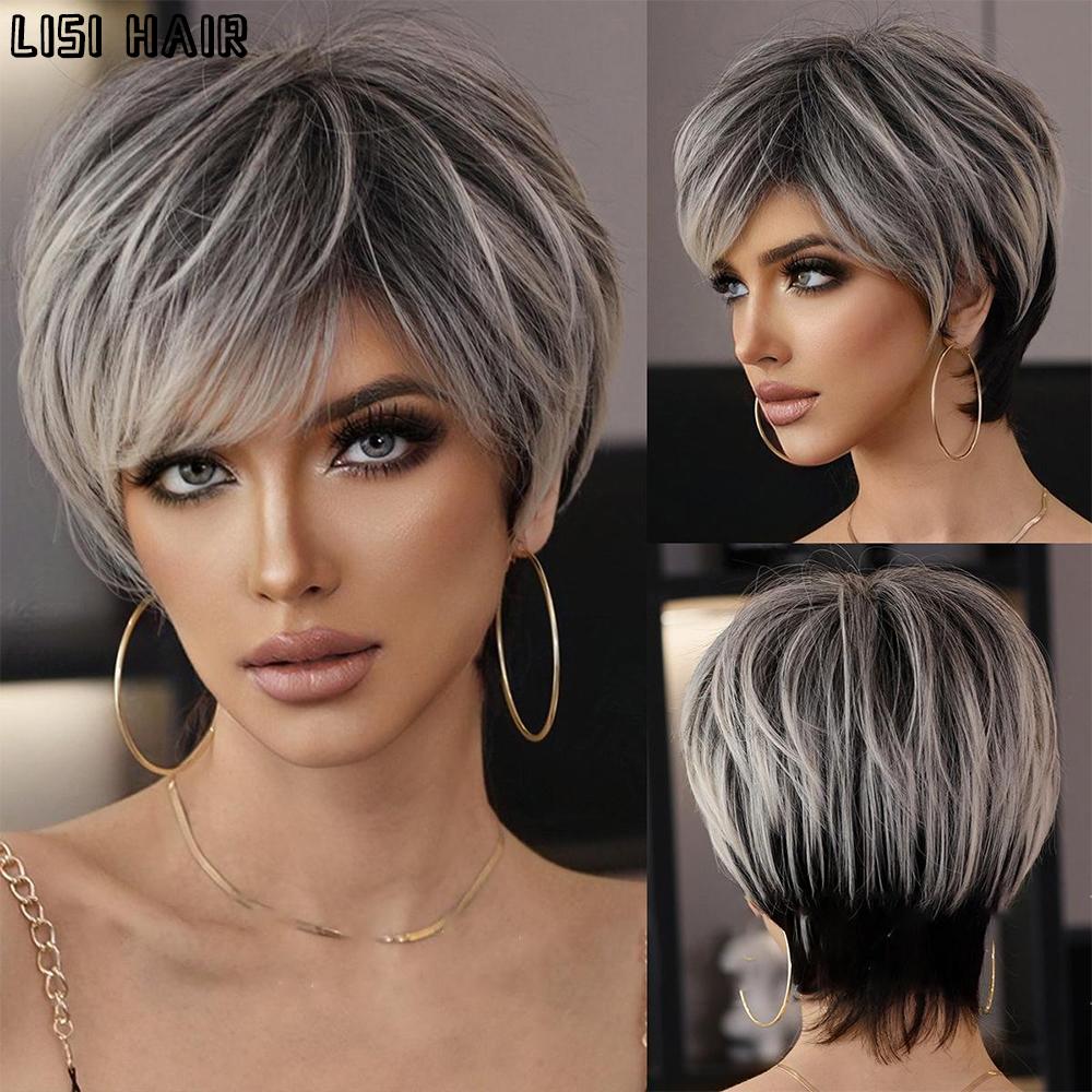 MISS WIG Синтетические женские смешанные серые, черные короткие парики, парики из натуральных волос, термостойкий парик из волос для женщин, ежедневное использование