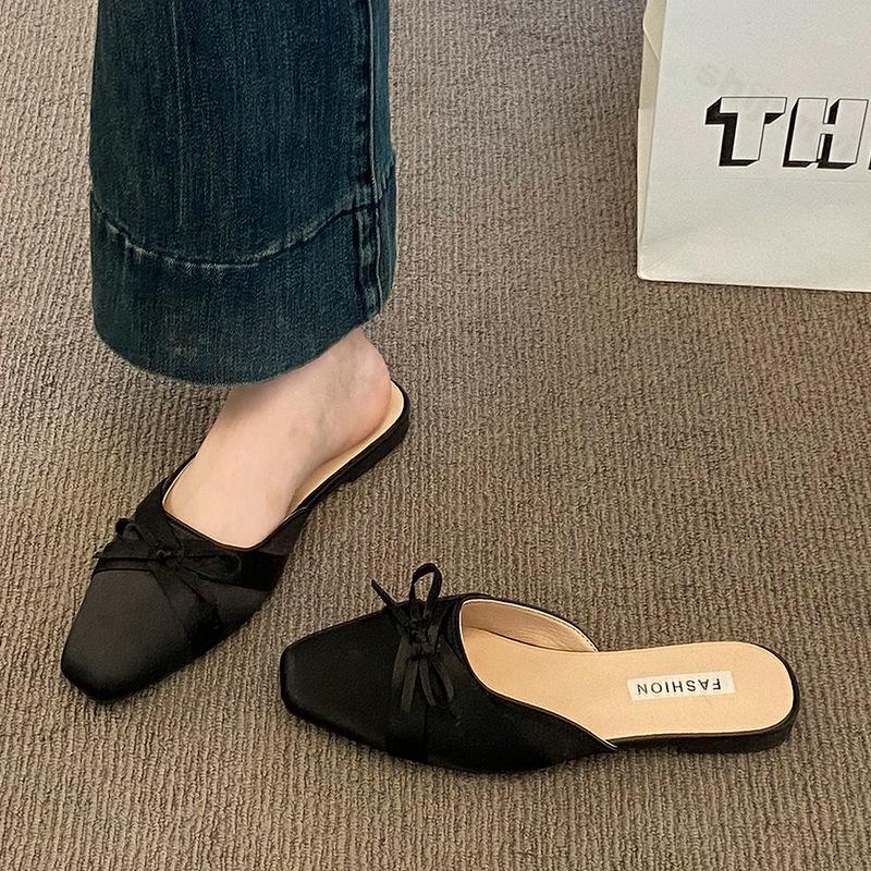 Модные женские балетки Женские туфли с закрытым носком Женские тапочки Шлепанцы Бант Дизайнерские женские туфли Квадратный носок 2025 Полутапочки