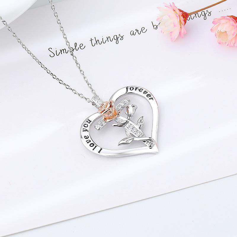 Новое ожерелье в форме сердца с двумя цветными розами, креативная простая цепь из змеиной кости с гравировкой креста