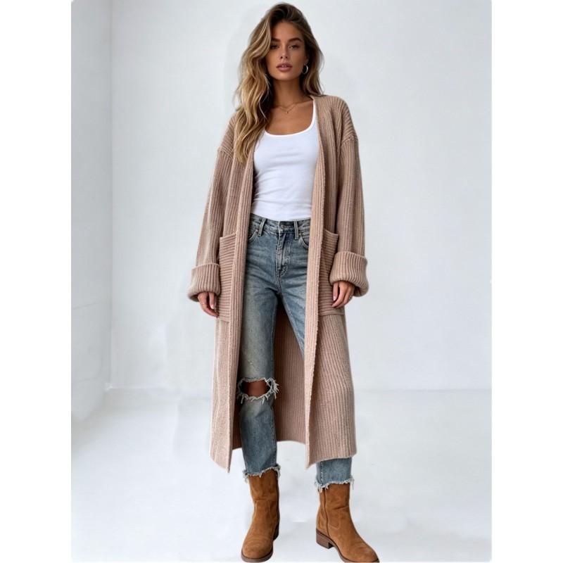 Oversized Longline Knit Cardigan With Front Pockets Roll-Up Sleeves V-Neck Loose Fit Warm Winter Sweater