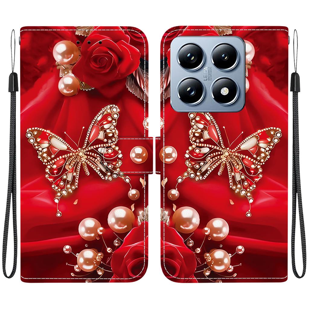 Handmade PU Leather Flip Case for Xiaomi 14T / Xiaomi 14T Pro Anti-Slip Shockproof Cover with Wrist Strap & Heart/Rose Cat Designs