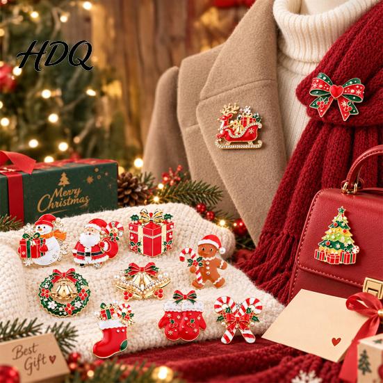 Sparkling Holiday Brooches Christmas Enamel Brooch Pin Santa Snowman Gingerbread Tree Wreath Stocking Pins Bell Jewelry Accessories for Coats