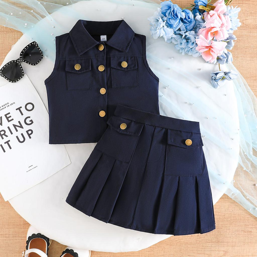 Girls' Pink Vest & Pleated Skirt 2Pcs Casual Outfit