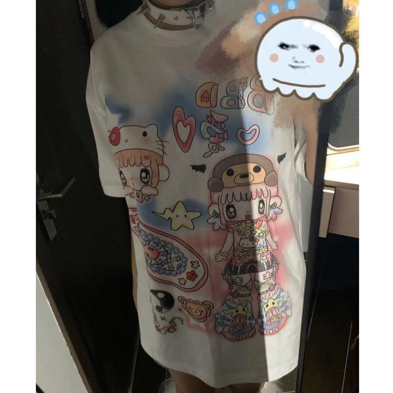 Y2k Harajuku Streetwear Футболки женские японская мода Kawaii Star Cartoon Print Loose Tees Tops Soft Gril Summer