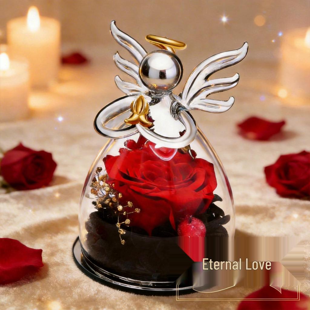 Little Angel Eternal Rose Glass Dome Ornament - Preserved Flower Gift for Christmas & Valentine's Day
