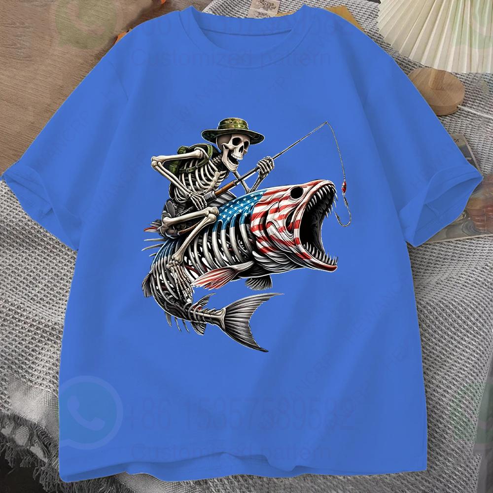 Skull Skeleton Fisherunisex Graphic Print Unisexs Cotton Tshirt Oneckshort Sleeve Tee Tops Vintage Tshirt Casual Tshirts Oversized