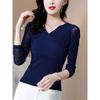 Early Autumn Cross V-neck Long Sleeved Mesh T-shirt for Women Slim Fit Waist Cinching Oversized Stylish Top
