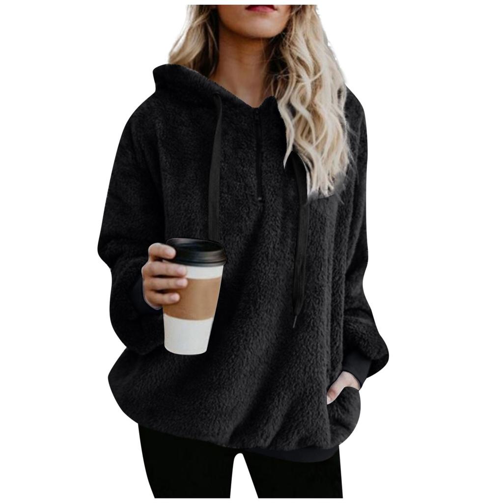 Winter Women Long Sleeve Fleece Hooded Sweatshirt Pullover Warm Jumper Sweaters With 1/4 Zip