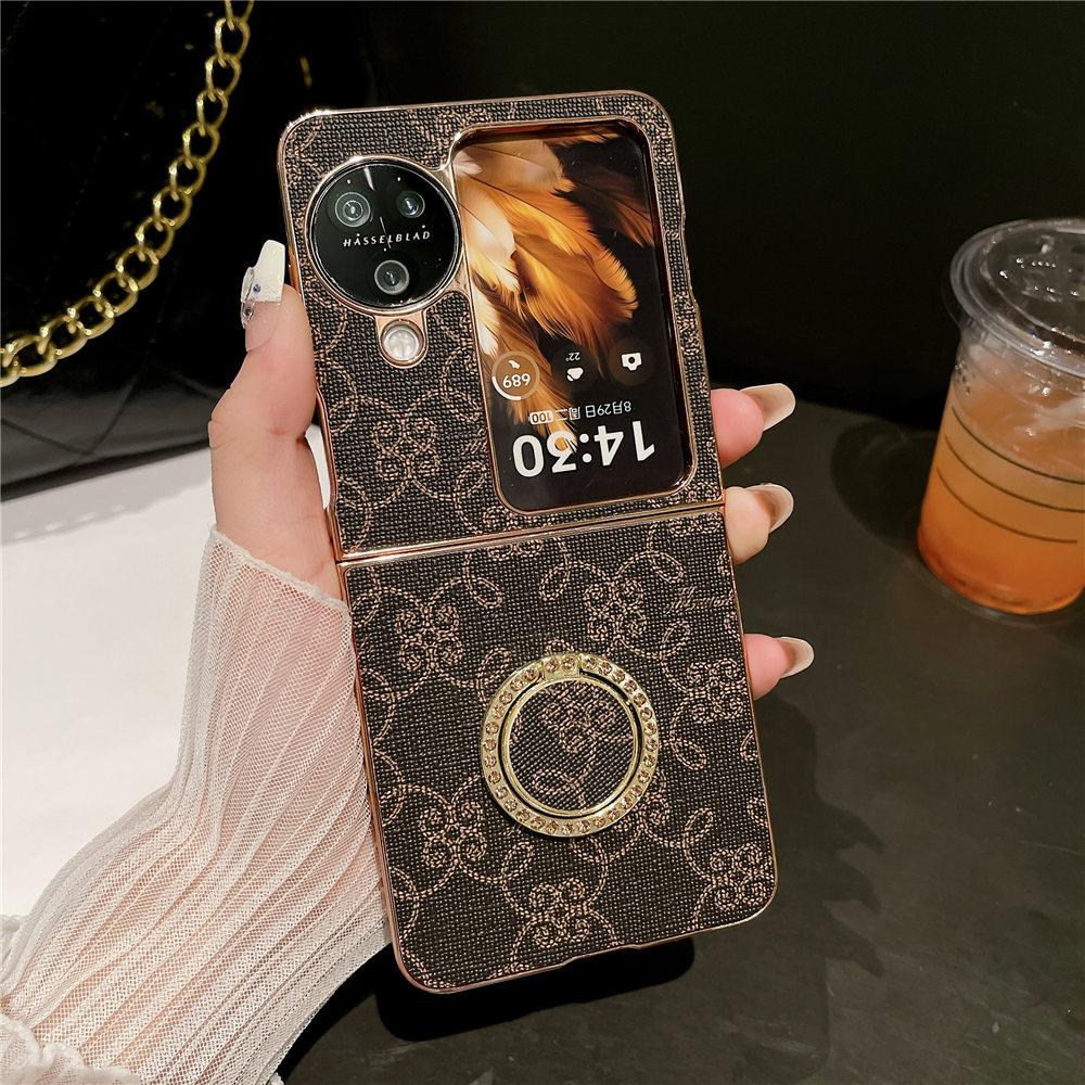 Гальванизированный кожаный чехол-подставка для телефона с кольцом для OPPO Find N3 Flip/N2 Flip, противоударный чехол с цветочным узором