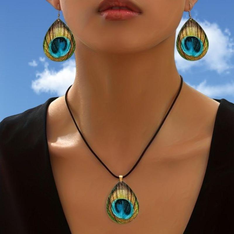 Этнический ретро богемный принт с узором из павлиньих перьев серьги-гвоздики геометрической формы в виде капель воды комплект с ожерельем