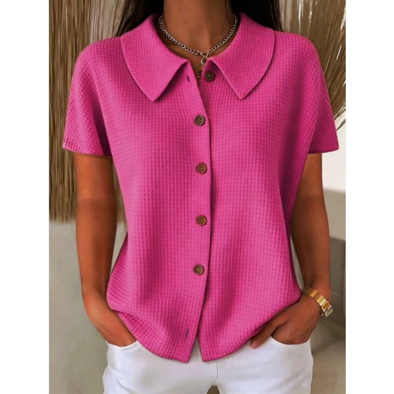 Womens Solid Waffle Lapel Casual Short Sleeve Button Shirt