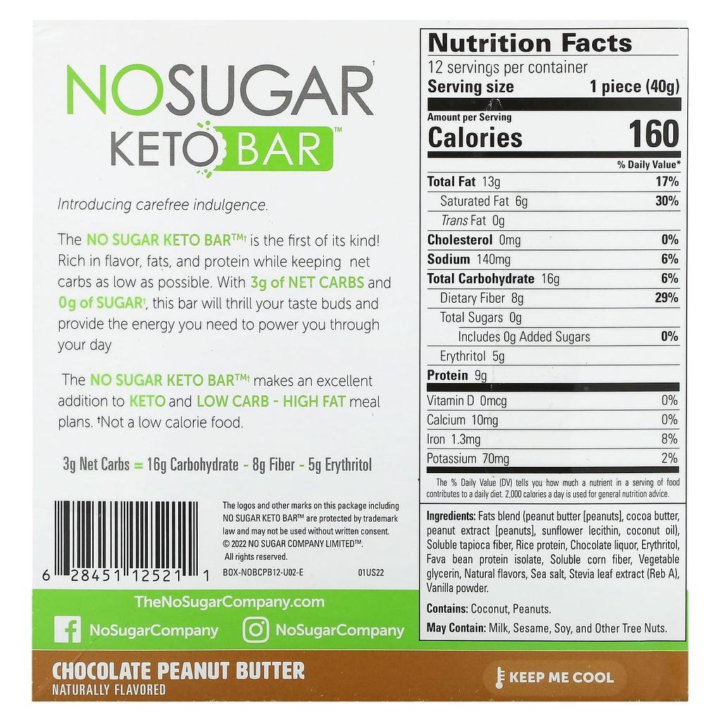 No Sugar Company, Keto Bars, Chocolate Peanut Butter, 12 Bars, 1.41 oz (40 g) Each