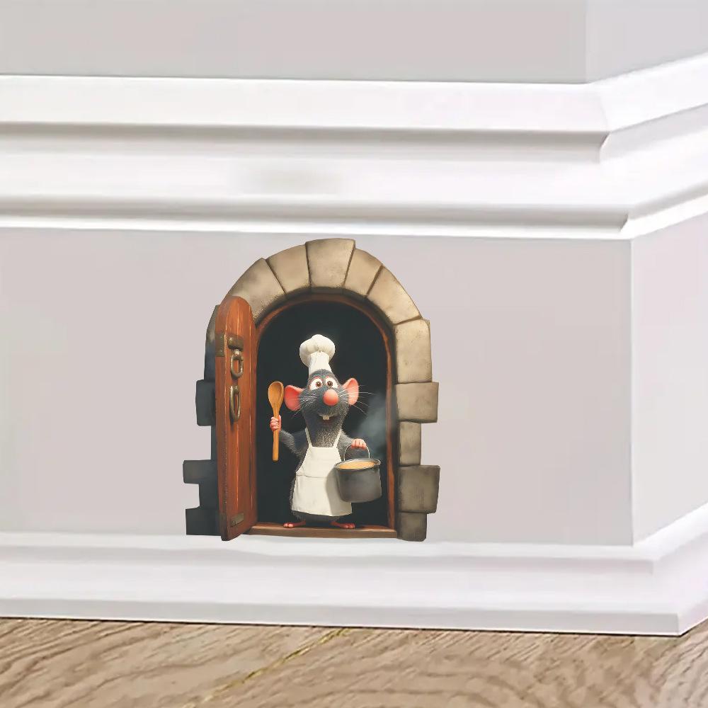Мультяшная мышь-повар у норки Настенная наклейка для кухни, столовой, домашнего декора Самоклеящаяся съемная декаль
