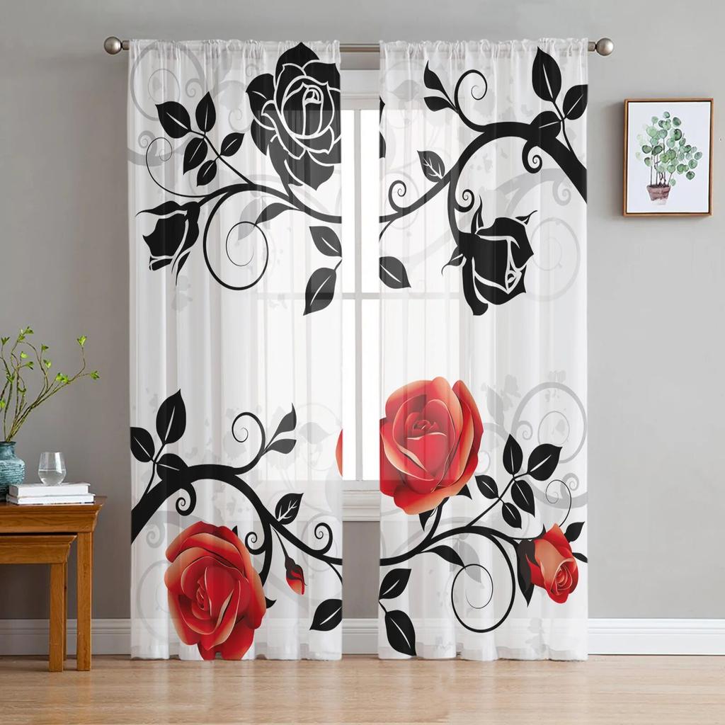 Red And Black Rose White Sheer Curtains for Girl Kids Bedroom Kitchen Window Drapes Curtain Home Decoration