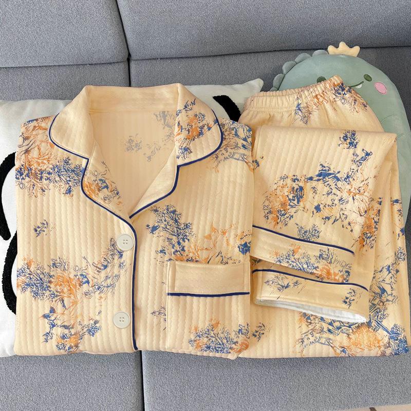 National style flowers autumn and winter new warm air cotton middle-aged and elderly mother retro high-end loungewear suit
