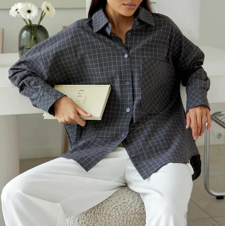 2026 Новая женская клетчатая рубашка с длинным рукавом свободного кроя большого размера - Повседневный и деловой стиль