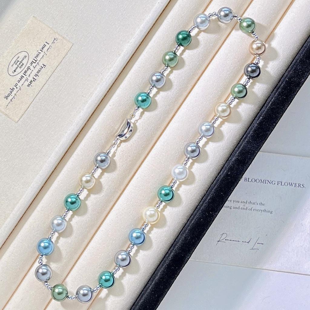 10Mm Autumn And Winter Highlight Malachite Green Mixed Color Tahitian Artificial Crystal Pearl Necklace Collarbone Chain Sweater