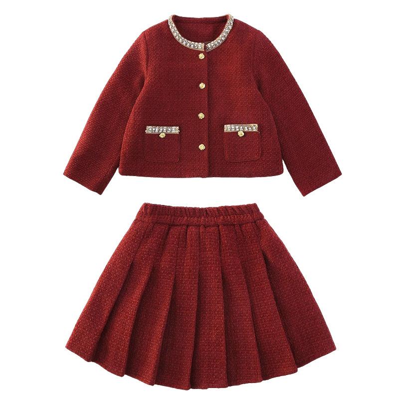 Girls' Red Princess-Style Two-Piece Suit for Autumn/Winter