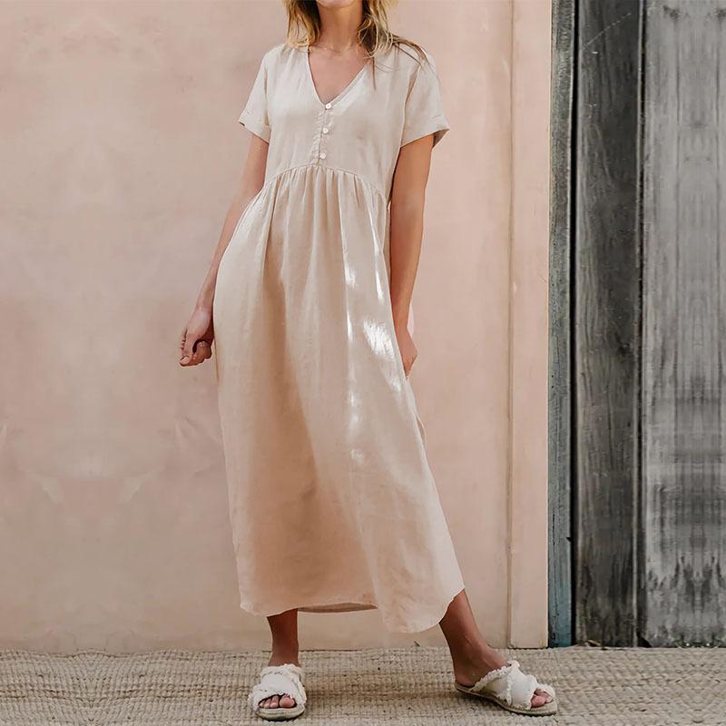 YYFS Women's Fashion Summer Spring Solid Color Print Short Sleeve V-Neck Loose Waistline Casual Dresses