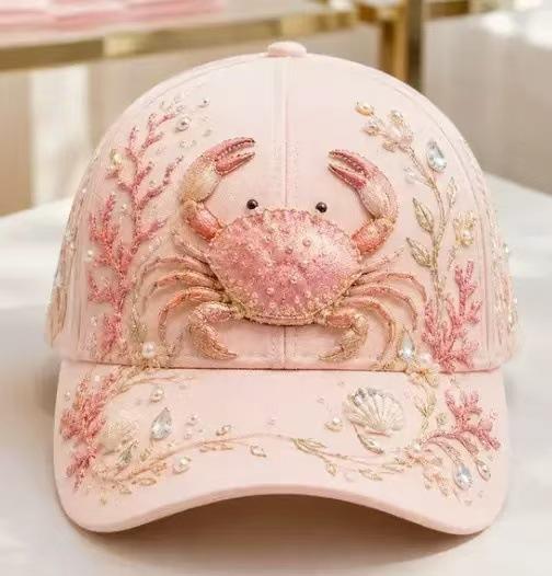 New light blue devil fish three-dimensional relief embroidery baseball cap pearl rhinestone flower seaweed cap