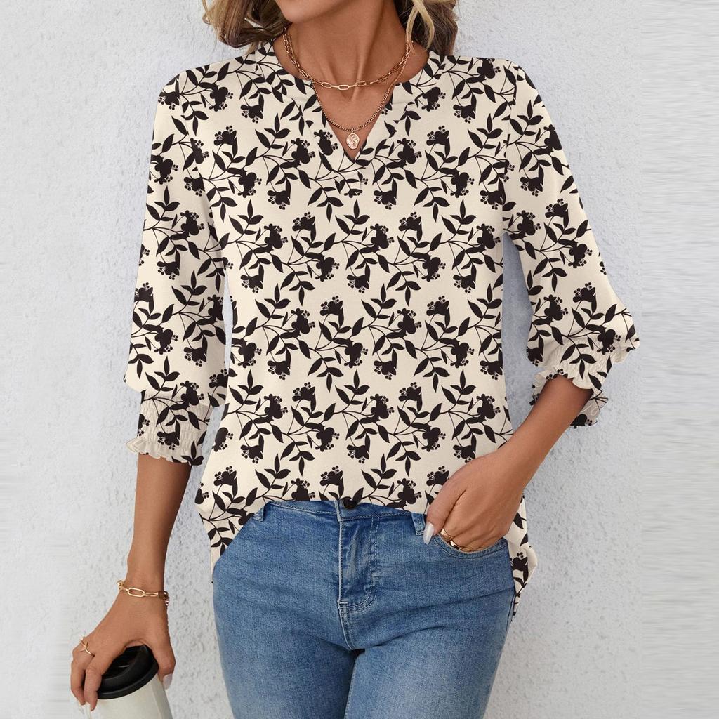 Blouses For Women Dressy Casual 3/4 Length Sleeve Womens Tops O Neck T Shirts With Smocked Cuffs