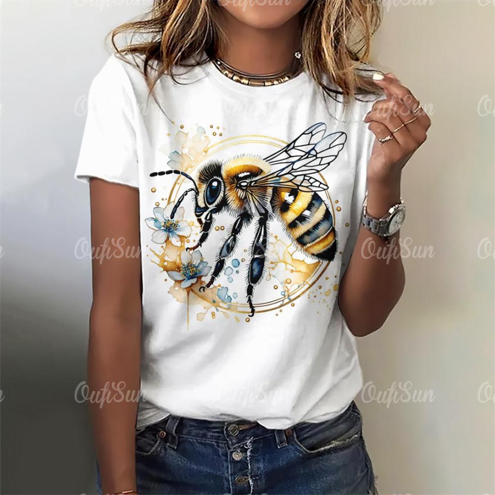 2025 Модные женские футболки, блузки с принтом пчелы, топы для женщин, базовые повседневные женские футболки с принтом, свободная женская одежда