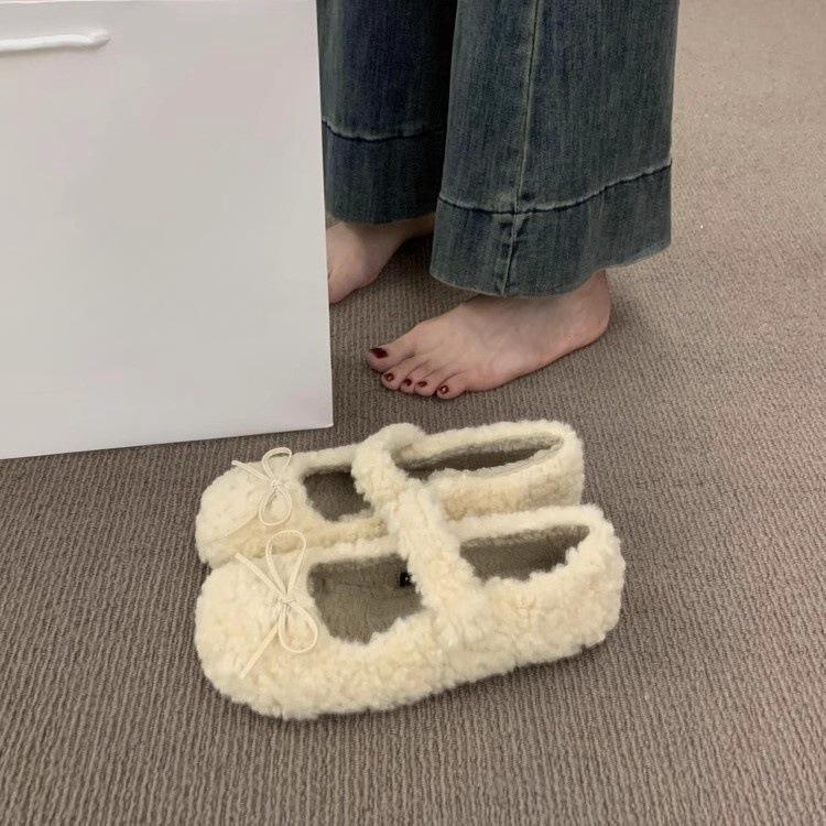 Обувь Mao Mao, женская обувь на осень и зиму 2024 года, новые туфли-лодочки с круглым носком и бантом, универсальные, из бархата и термохлопка, женская обувь