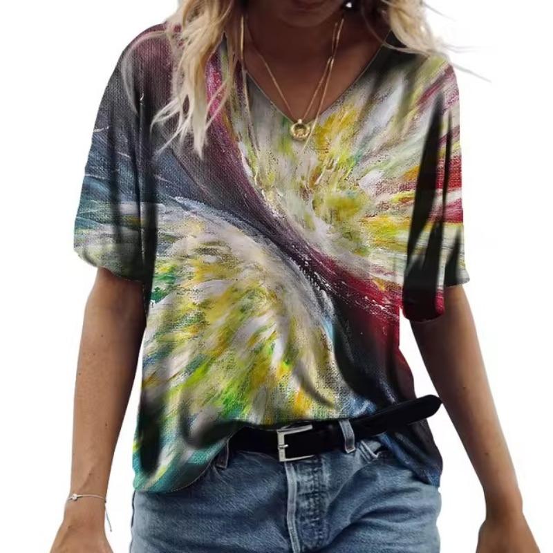 Летняя художественная роспись Tie Dye 3D принт женская мода красочная футболка с коротким рукавом V-образный вырез футболки уличная одежда сексуальные женские футболки топы