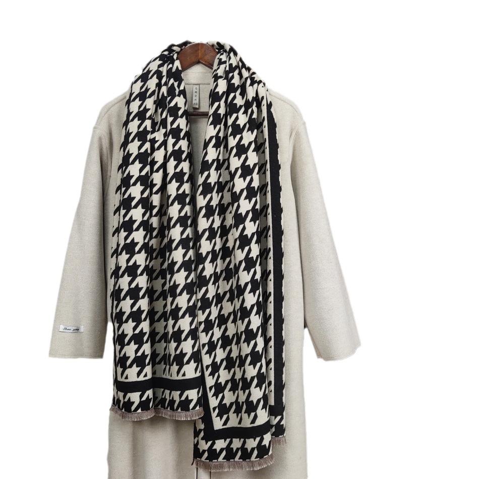 Women's winter scarf, versatile and high-end, made of faux cashmere, double-sided houndstooth pattern, thickened for warmth and protection from the