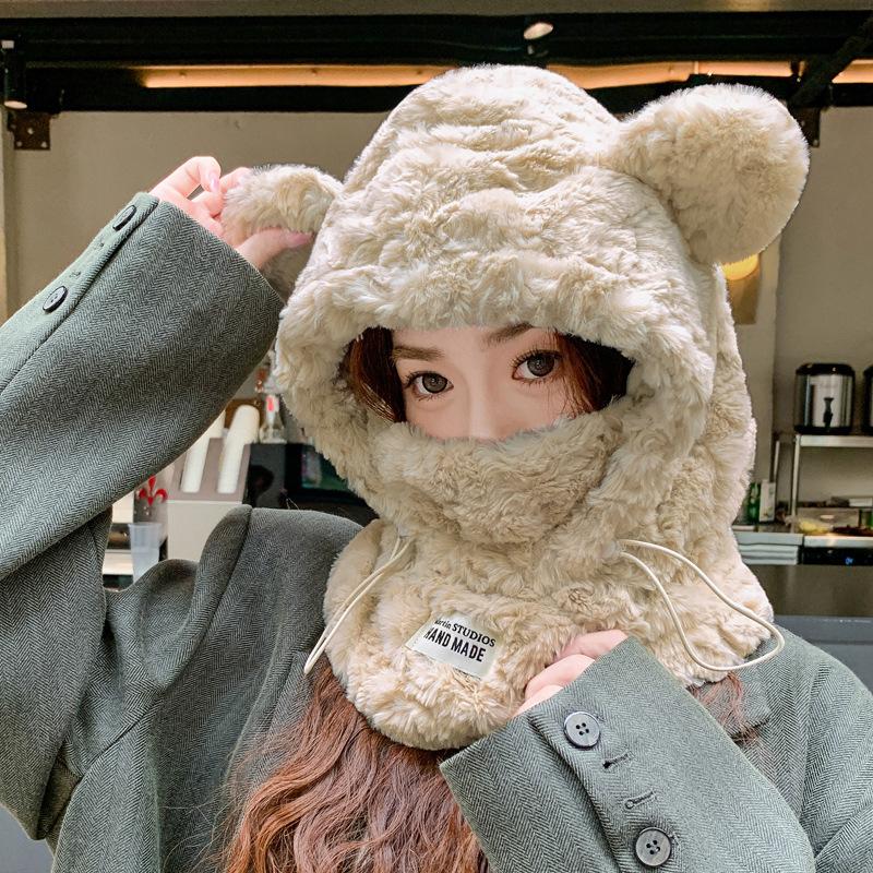 Милая утолщенная плюшевая шапка-шарф с медведем, интегрированная зимняя теплая холодная велосипедная шапка-ушанка Tide