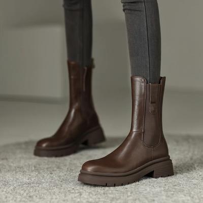 Модные осенние женские ботинки из спилковой кожи, женские ботинки с круглым носком и толстым каблуком, зимние однотонные полусапоги, ретро кожаная обувь для женщин