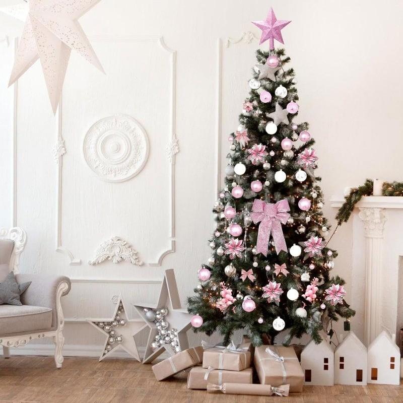Christmas Tree Decoration 2026 Pink Balls Ornaments Glitter Poinsettia Flowers Berries Stems Snowflakes Bow Home Decor DIY Gifts