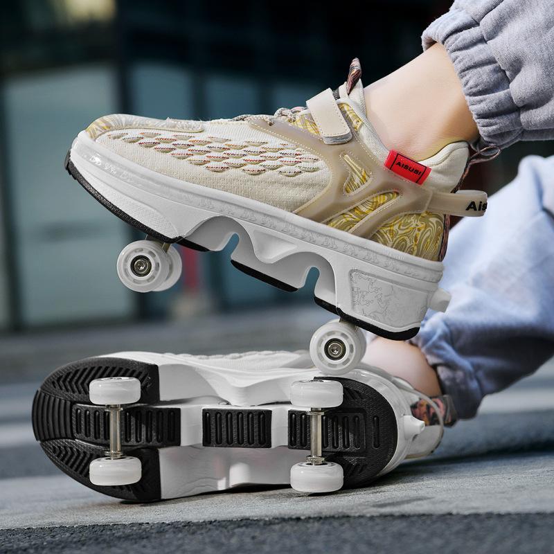 Четырехколесные беговые коньки, которые можно собирать, деформированные ботинки, высокоэластичные летающие тканые роликовые коньки, дышащие сетчатые мужские и женские беговые коньки