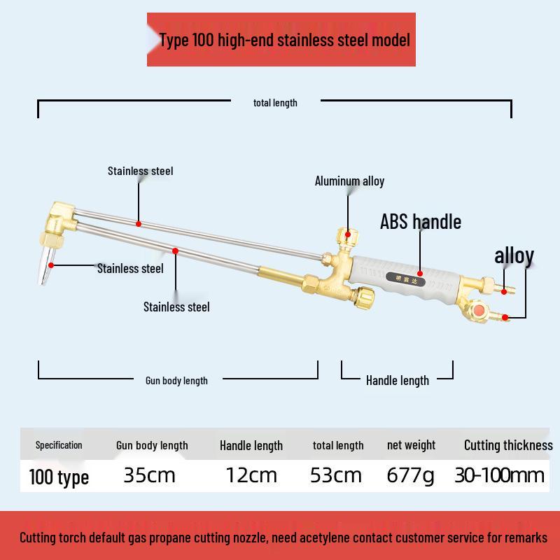 All-Copper Stainless Steel Extended & Thickened Oxygen Acetylene Cutting/Welding Torch Injector, Model G01-30/100/300.