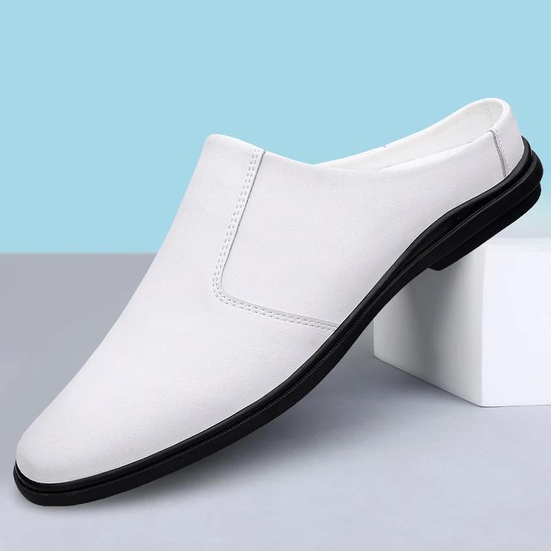 Fashion Hot Sale Men's Genuine Leather Muller Shoes Simple Loafers Breathable Half Drag Lightweight Slippers Business Office Lzy Shoes
