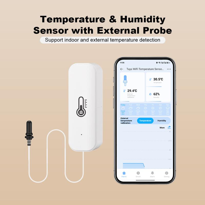 ONENUO Tuya WiFi Humidity Temperature Sensor with External Probe LCD Thermometer for Smart Home APP Monitoring for Refrigerator