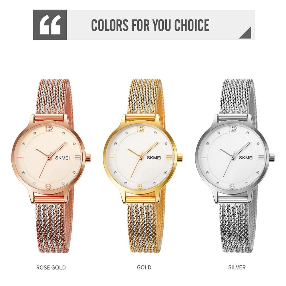 SKMEI Women's Quartz Watch White Rose Gold Waterproof Mesh Stainless Steel Elegant Slim Business Style Gift